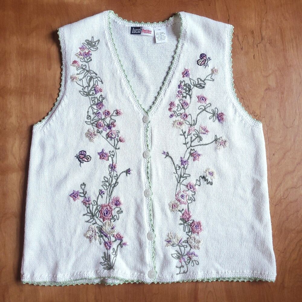 Vintage Sweater Vest Petite M PM Cream Floral Embroidered Butterfly Cottage